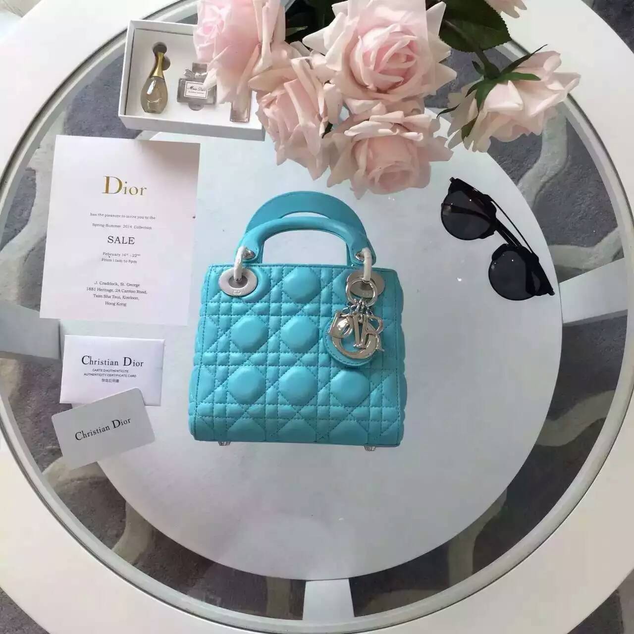 迪奥女包价格 Lady Dior mini三格戴妃包 水蓝色原版顶级羊皮