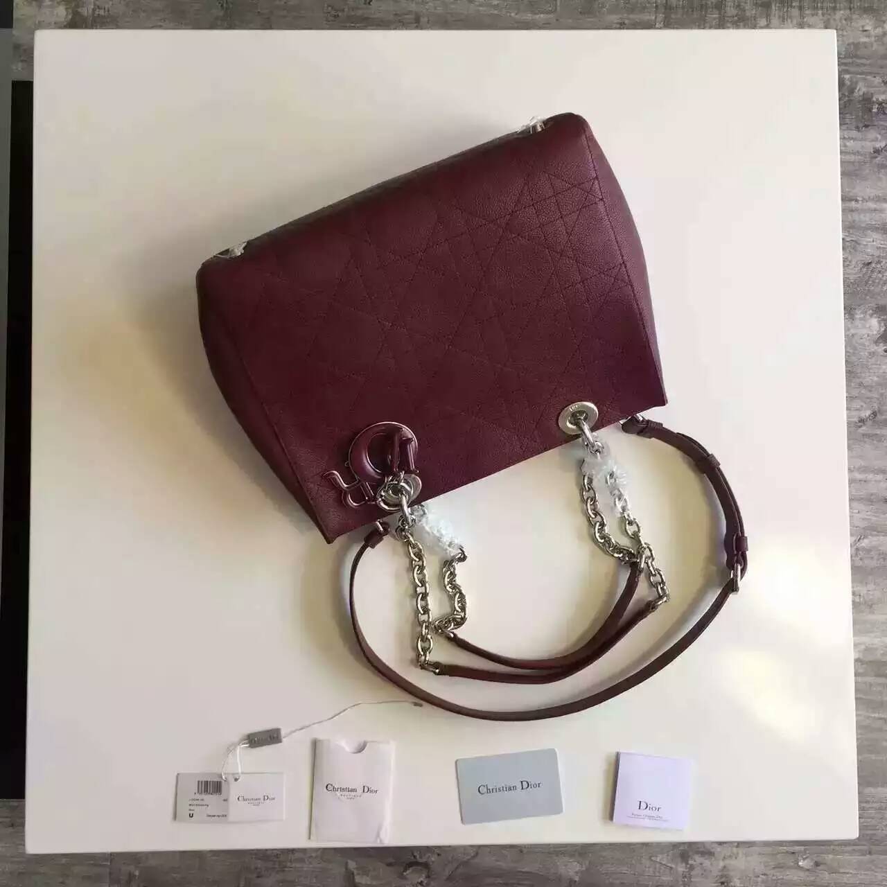 一件代发 Christian Dior迪奥16春夏新款女士购物袋 枣红色粒面牛皮