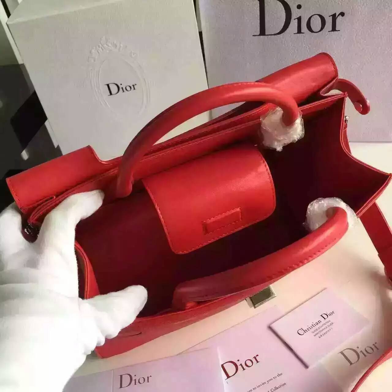 Dior包包官网 迪奥新款手提女包30cm 大红色原版荔枝纹牛皮