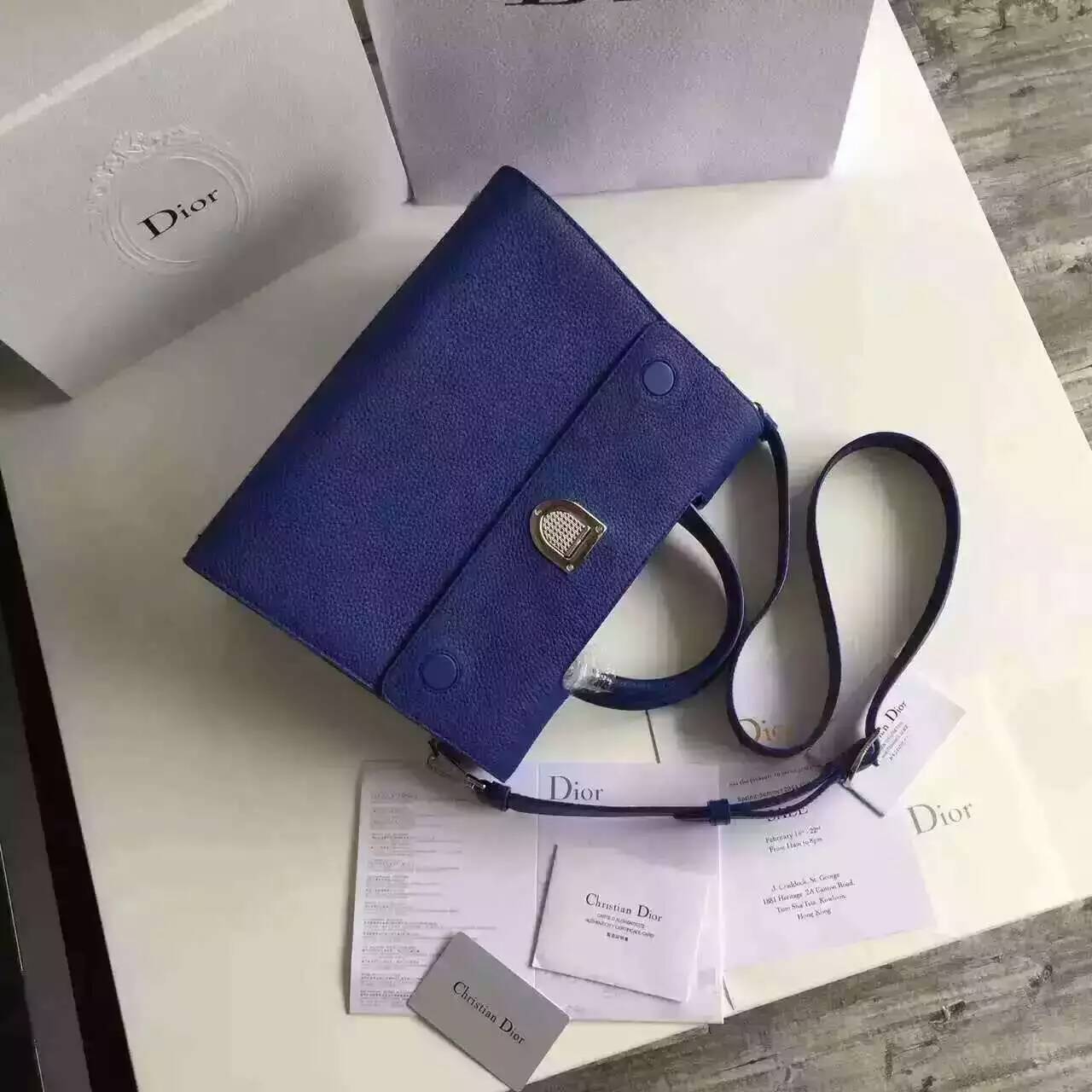 迪奥包包批发 Christian Dior蓝色原版荔枝纹牛皮手提包中号30cm