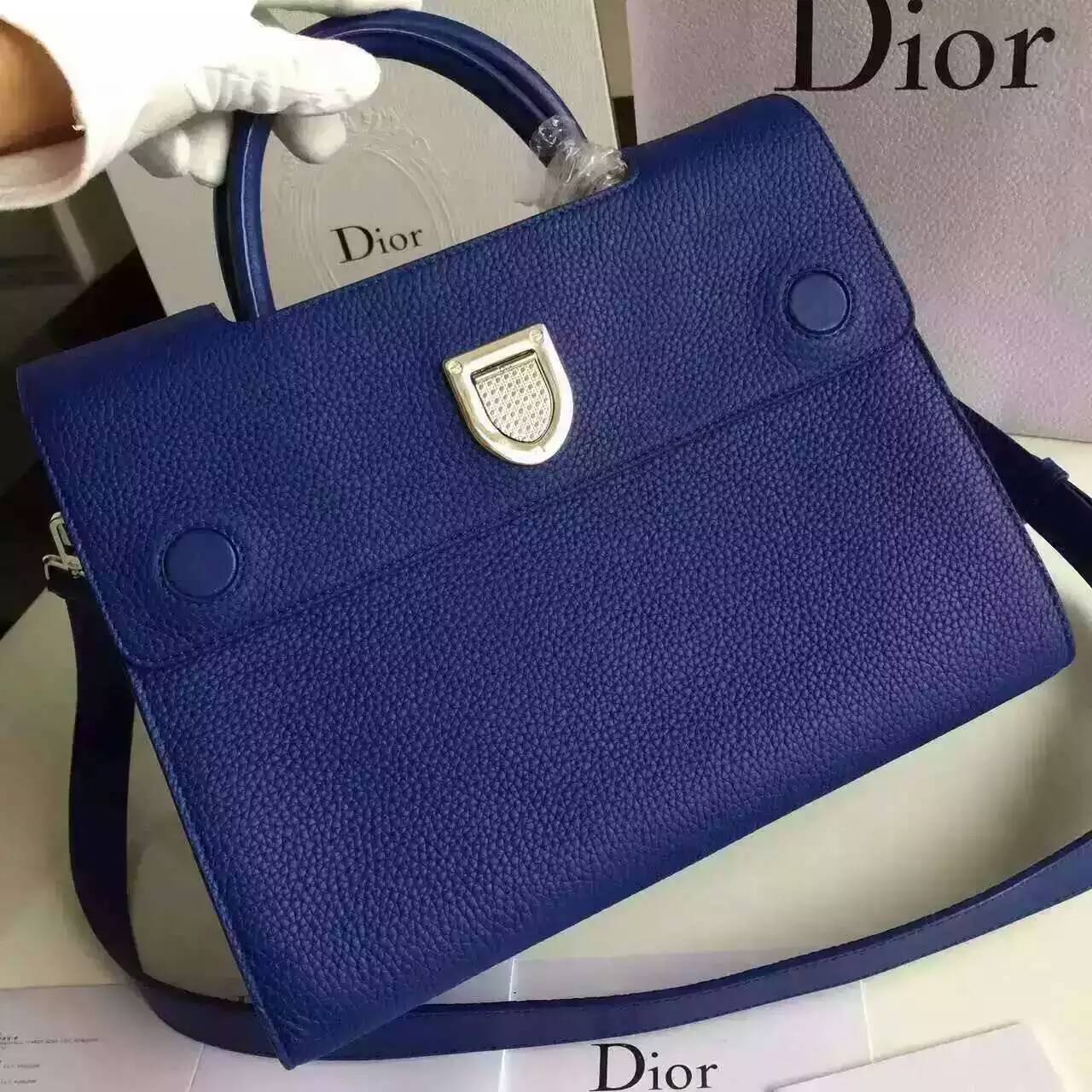 迪奥包包批发 Christian Dior蓝色原版荔枝纹牛皮手提包中号30cm