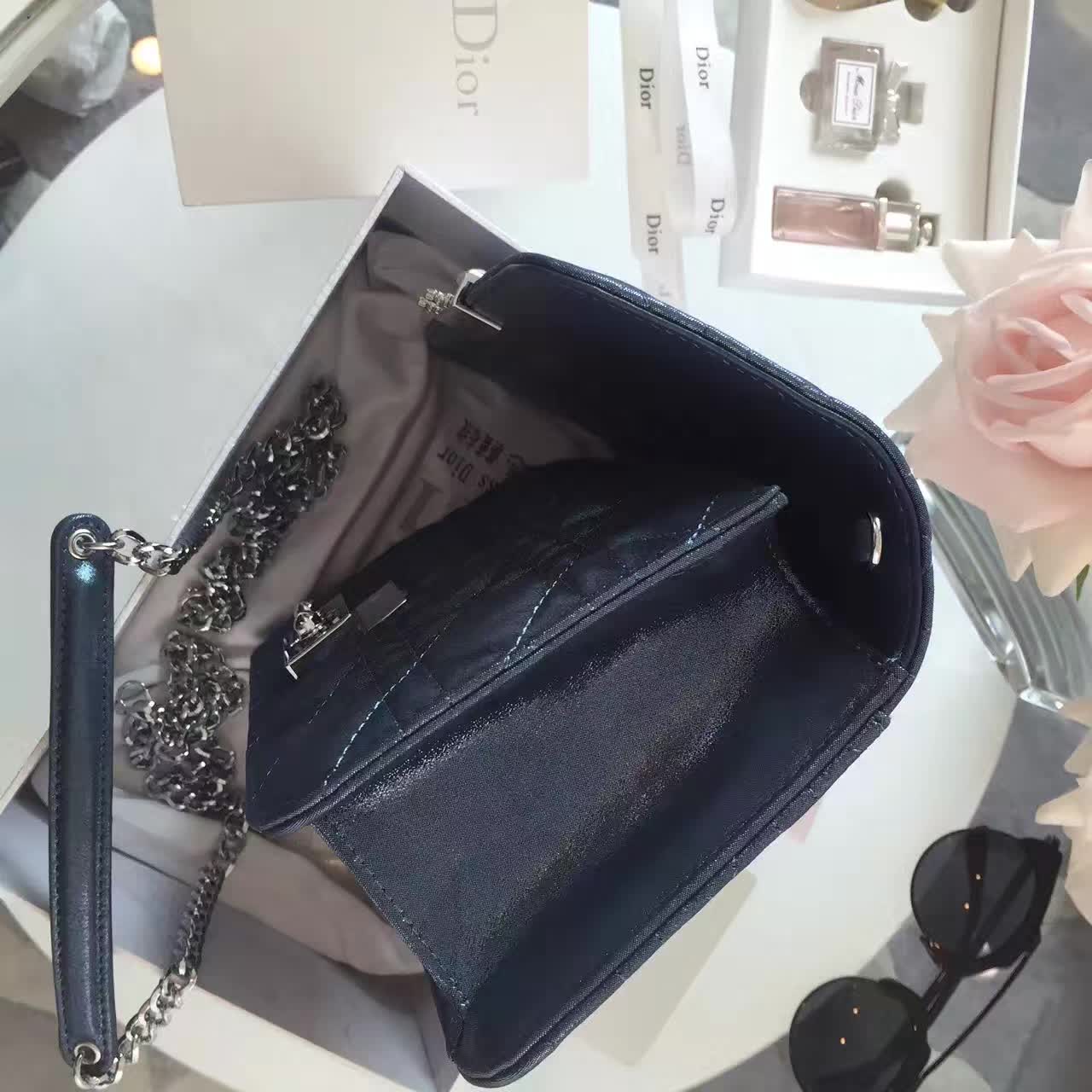 厂家直销 迪奥新款女包 Miss Dior布纹系列链条单肩包 深蓝色