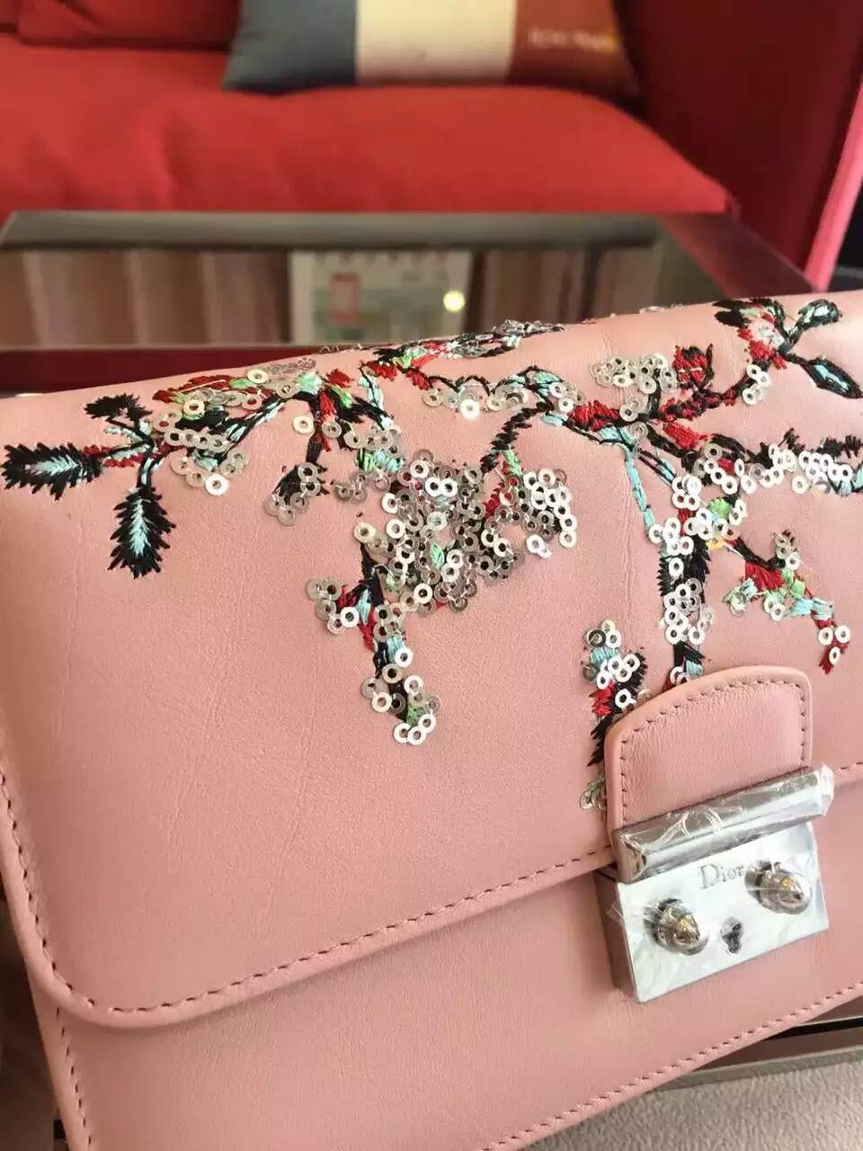 迪奥新款女包 粉色原版皮16限量刺绣款Miss Dior链条包斜挎包