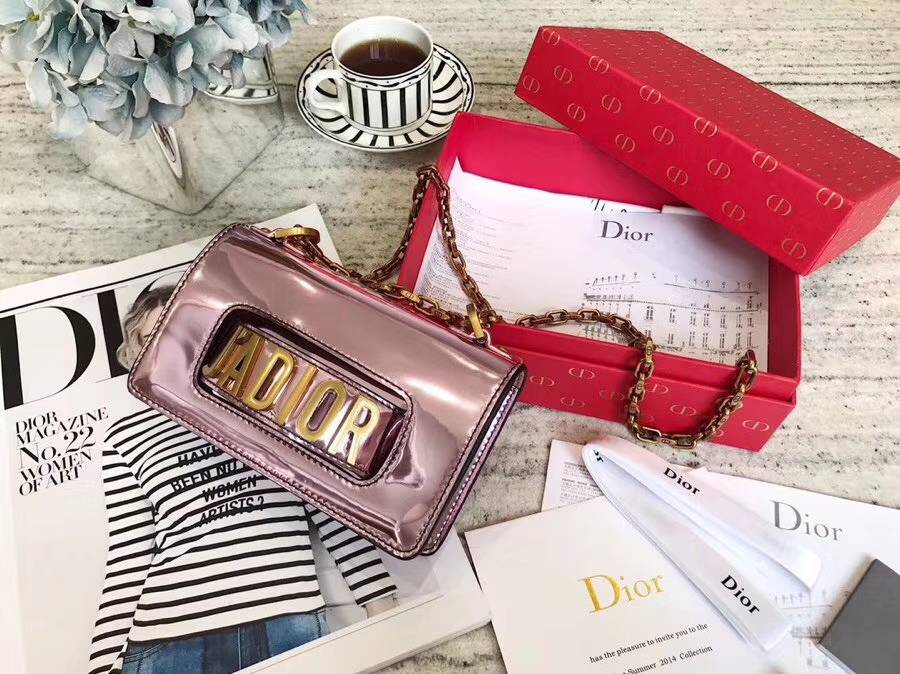 Dior包包官网 迪奥mini Jadior彩色镜面系列链条单肩女包手拿包18cm 粉色