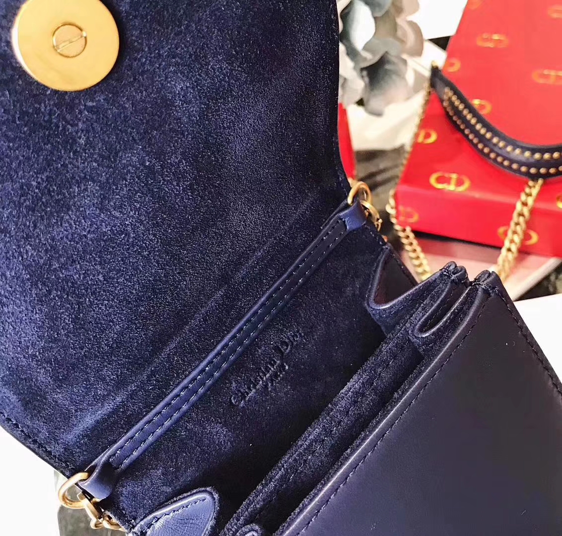 Dior女包批发 迪奥2018春夏新款铆钉羊皮手机包链条包包 深蓝色