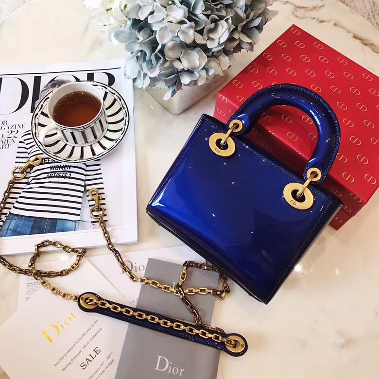 迪奥包包批发 mini Lady Dior2018新款彩色镜面系列迷你戴妃包17cm 蓝色
