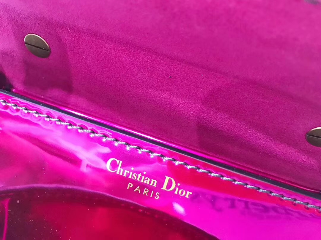 Dior包包批发 迪奥mini Jadior彩色镜面系列链条包手包18CM 玫红色