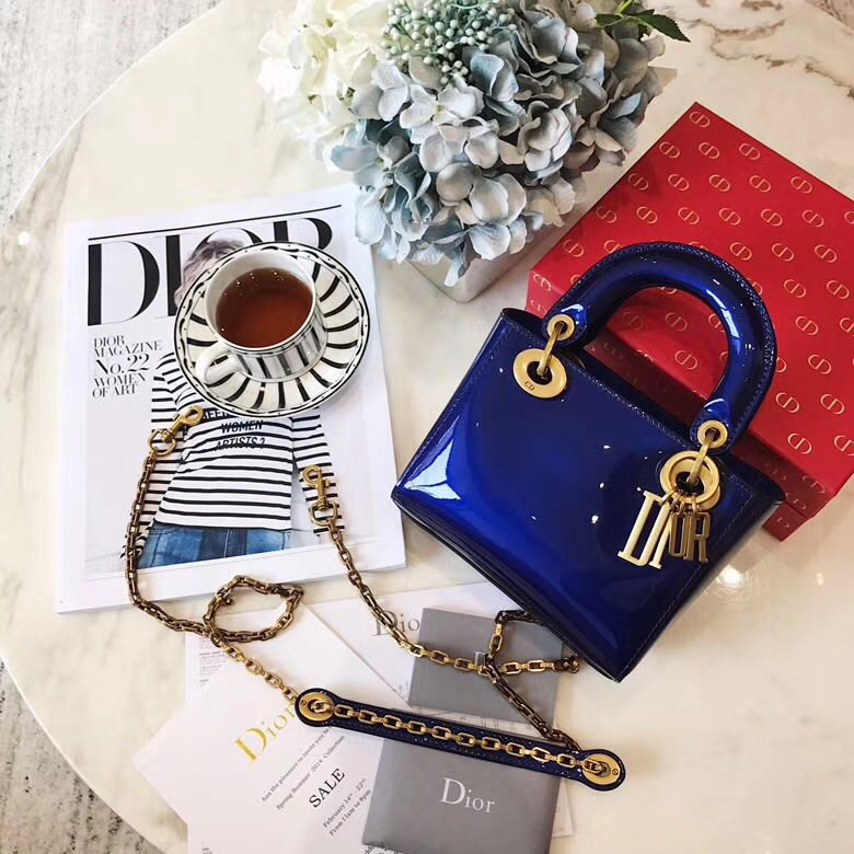 迪奥包包批发 mini Lady Dior2018新款彩色镜面系列迷你戴妃包17cm 蓝色