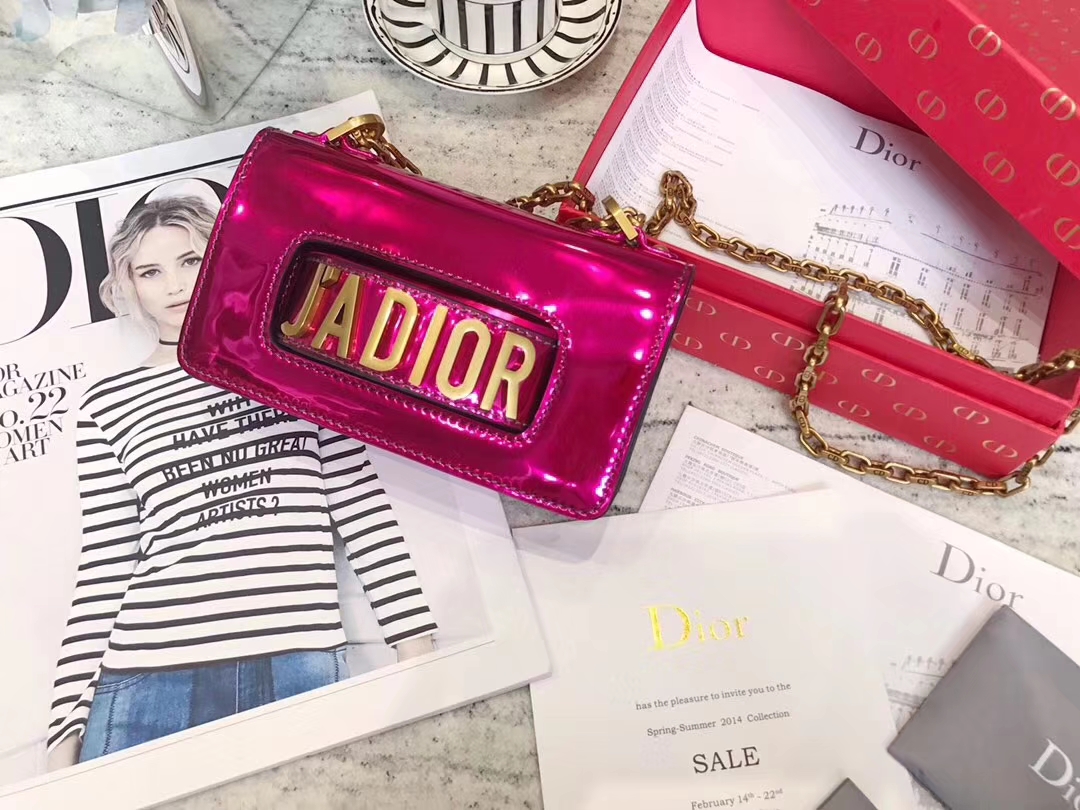 Dior包包批发 迪奥mini Jadior彩色镜面系列链条包手包18CM 玫红色