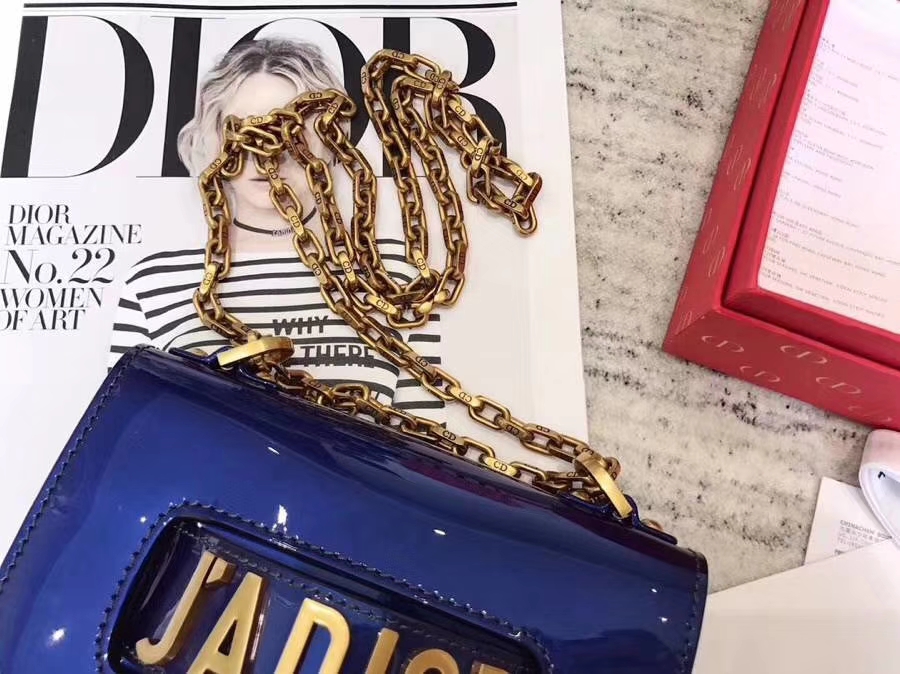 迪奥2018新款包包 蓝色镜面系列mini Jadior链条单肩女包手包18cm