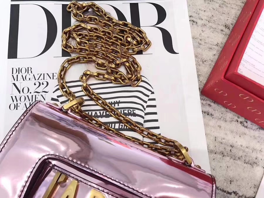 Dior包包官网 迪奥mini Jadior彩色镜面系列链条单肩女包手拿包18cm 粉色