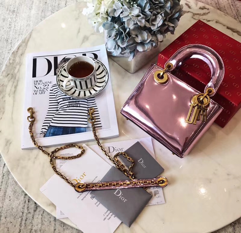 迪奥新款包包 mini Lady Dior粉色镜面系列迷你戴妃包迪奥女包17cm