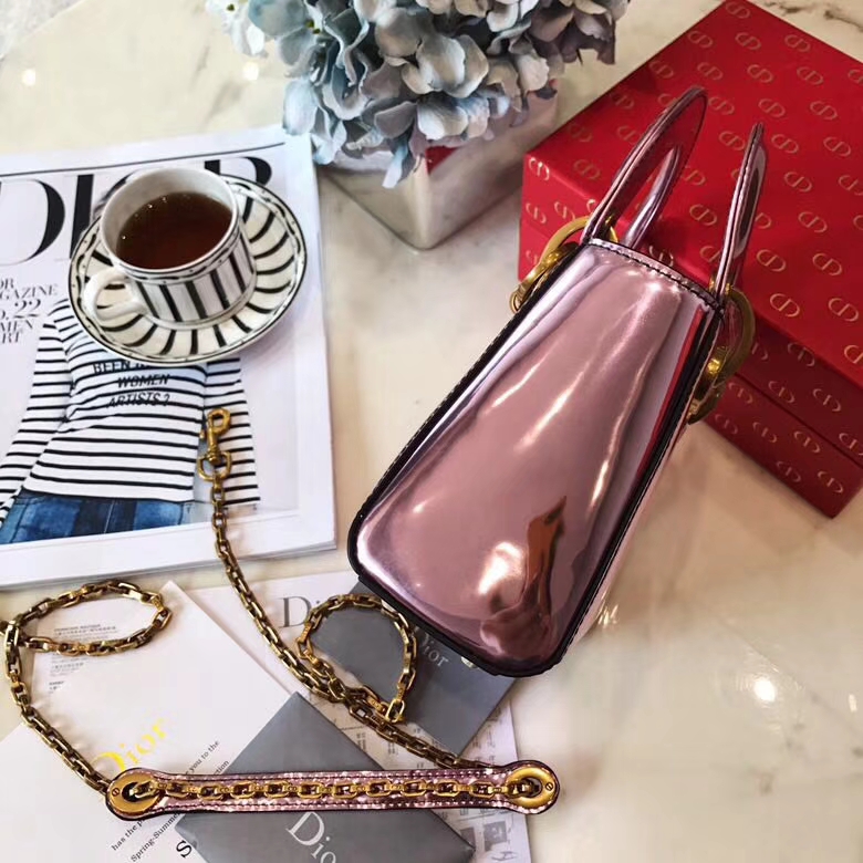 迪奥新款包包 mini Lady Dior粉色镜面系列迷你戴妃包迪奥女包17cm