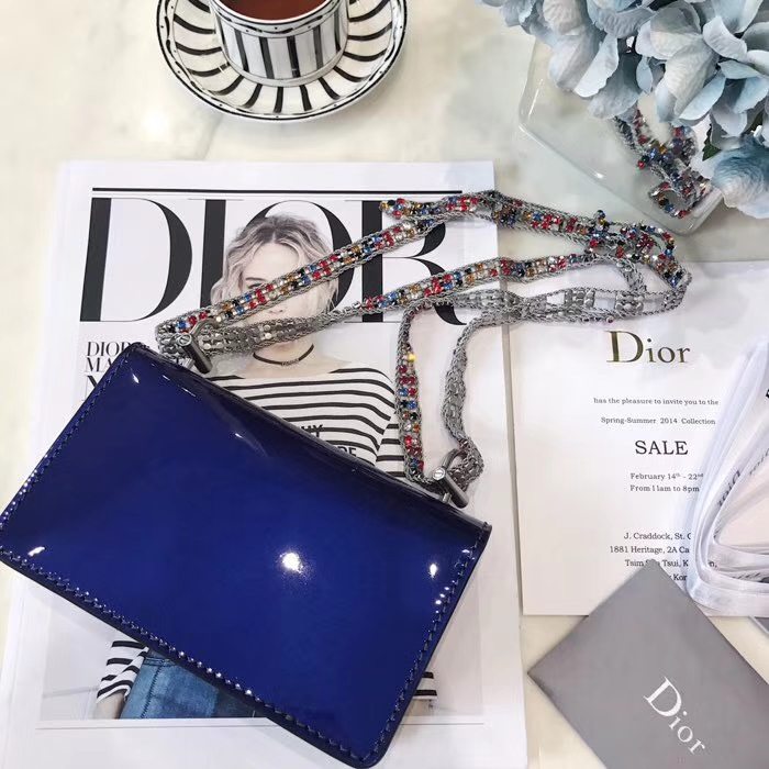 Dior彩色宝石限量Addict系列 迪奥蓝色镜面七彩宝石肩带新款单肩斜挎包包