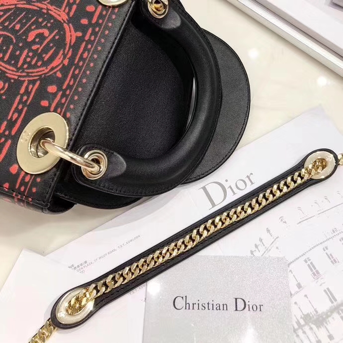 迪奥2018新款女包 Lady Dior mini17cm 扑克风印花迷你戴妃包 金扣