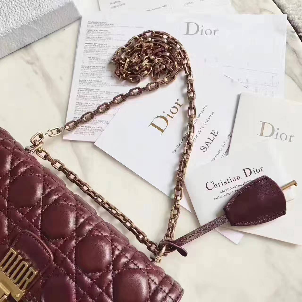 迪奥新款包包 Dior Addict酒红色菱格小羊皮复古链条包单肩女包24CM