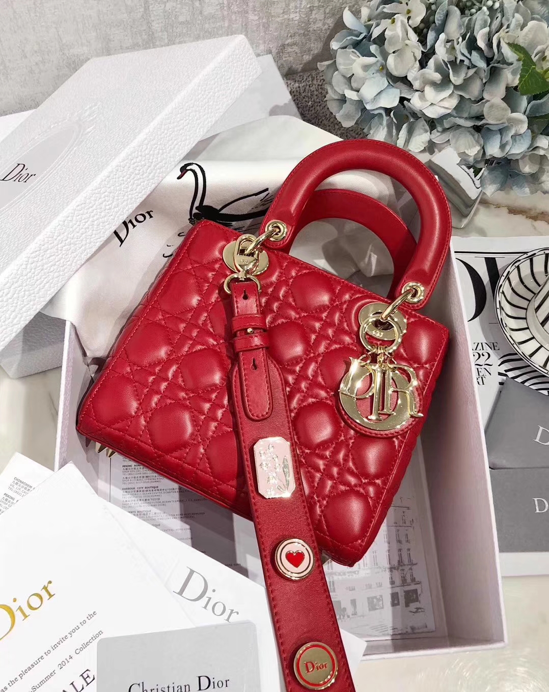 Lady Dior mini 迪奥红色进口磨砂皮料四格戴妃包菱格手提包20cm