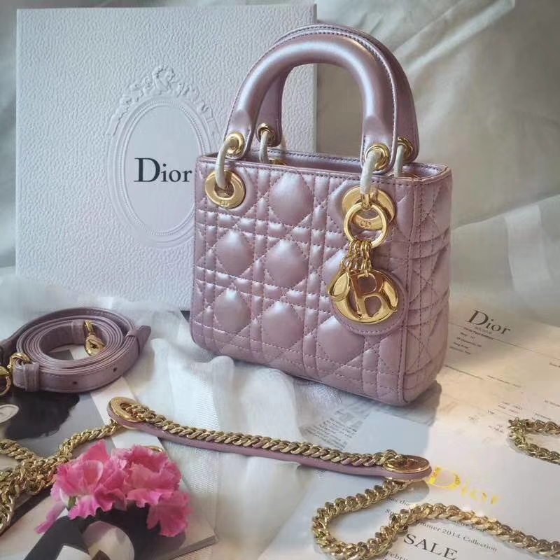 Dior包包官网 迪奥粉色顶级小羊皮三格戴妃包Lady Dior mini17CM 金扣