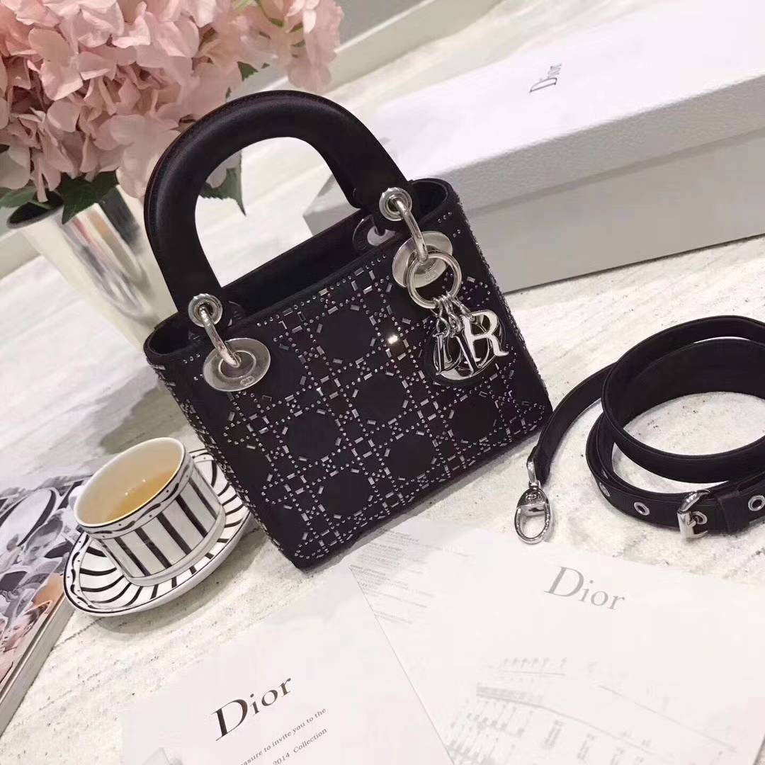 Lady Dior mini 迪奥2018新款真丝镶钻三格迷你戴妃包17cm 黑色