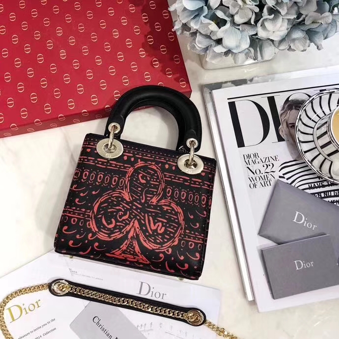 迪奥2018新款女包 Lady Dior mini17cm 扑克风印花迷你戴妃包 金扣