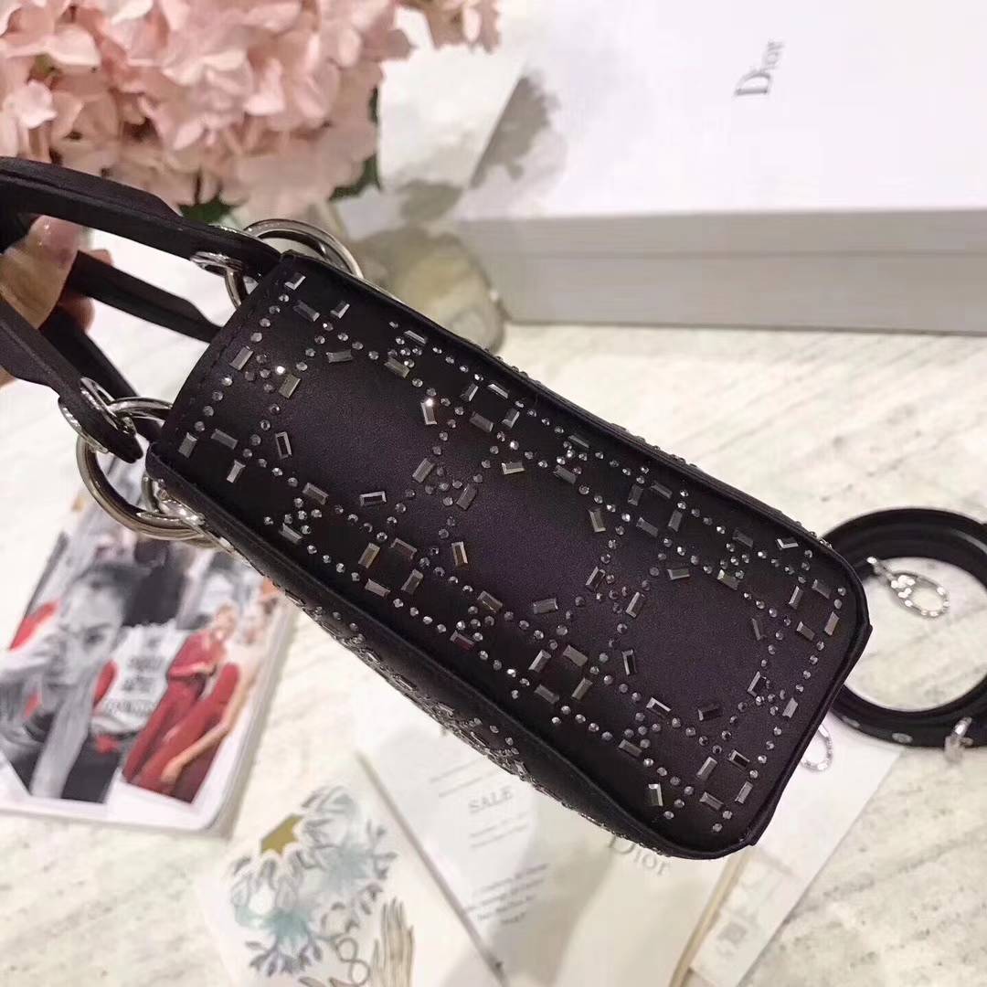 Lady Dior mini 迪奥2018新款真丝镶钻三格迷你戴妃包17cm 黑色