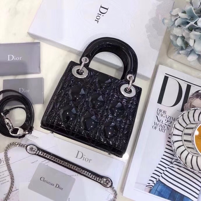 Dior包包批发 迪奥黑色顶级漆皮三格迷你戴妃包mini Lady Dior17CM 银扣