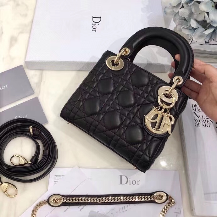 Dior包包官网 迪奥经典款黑色羊皮三格迷你戴妃包Lady Dior mini17CM 金扣