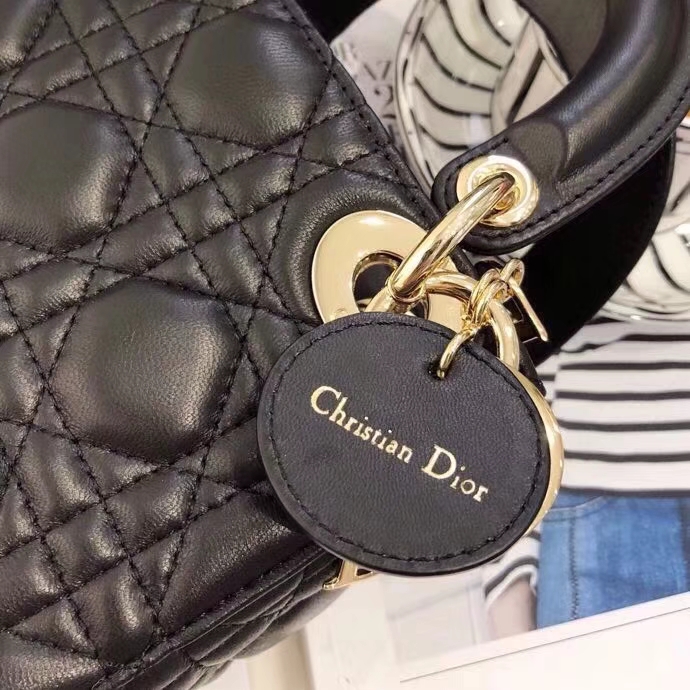 Dior包包官网 迪奥经典款黑色羊皮三格迷你戴妃包Lady Dior mini17CM 金扣