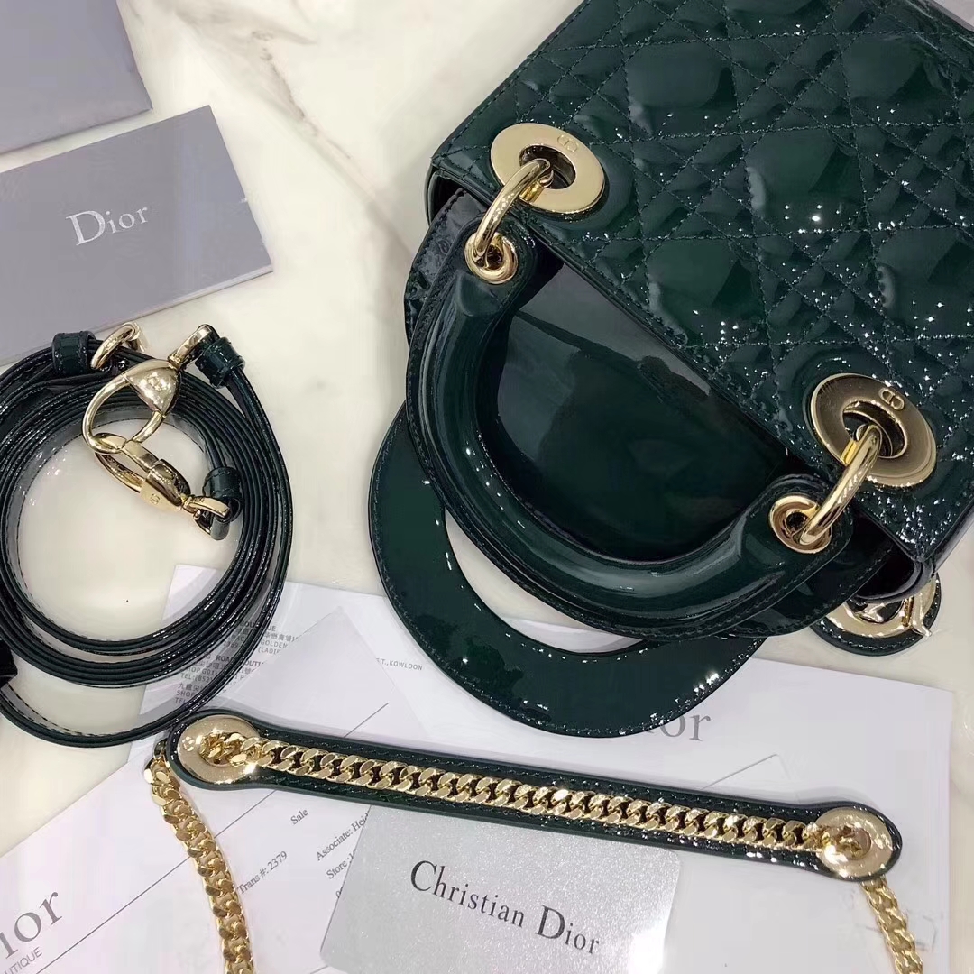 迪奥经典戴妃包 Lady Dior mini17CM墨绿色原单三格漆皮戴妃包 金扣
