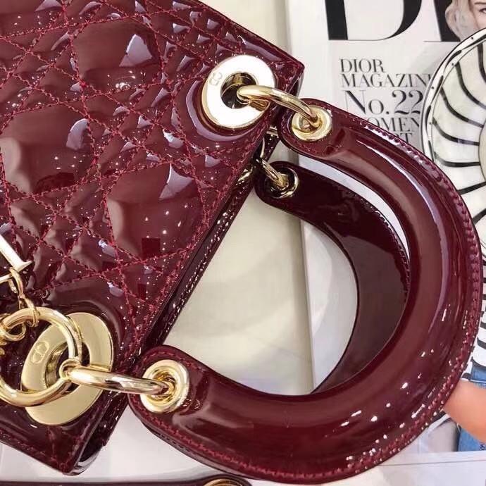Dior经典女包 迪奥酒红色原单漆皮三格戴妃包Lady Dior mini17CM 金扣