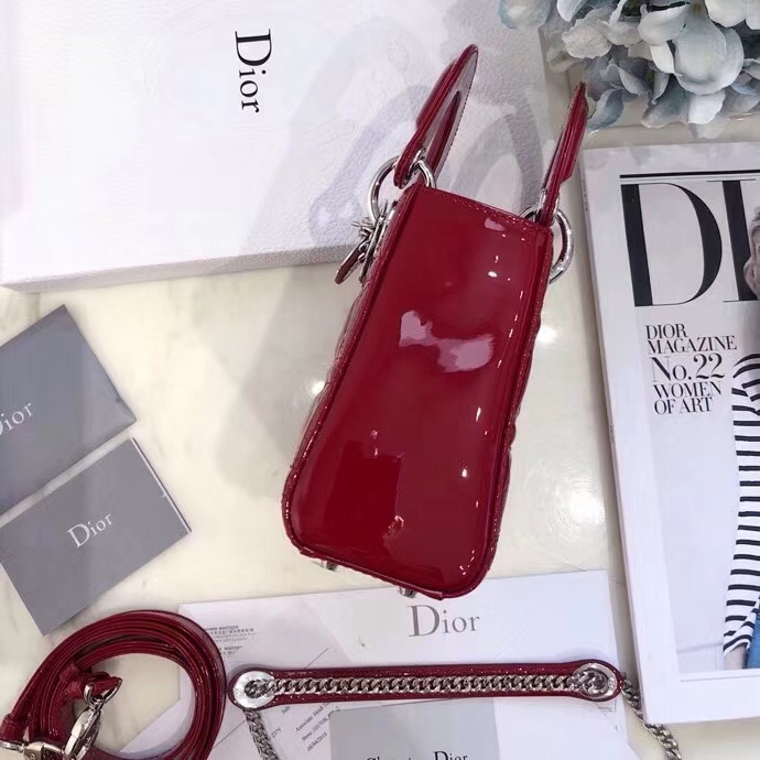 Dior包包价格 迪奥红色漆皮经典三格迷你戴妃包链条单肩包 银扣