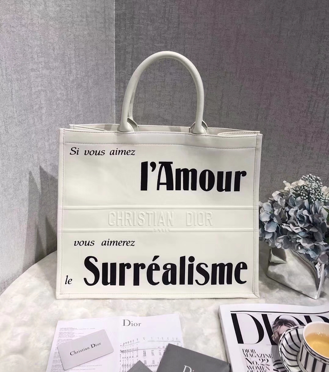迪奥新款女包 Dior Book Tote原单皮料大容量手提包旅行袋42CM 白色