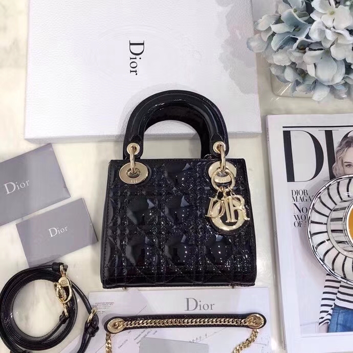 Mini Lady Dior17CM 迪奥经典款漆皮戴妃包三格手提斜挎女包 黑色金扣