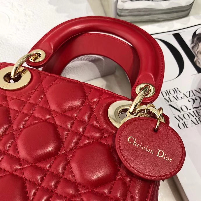 迪奥戴妃包价格 Dior法国红原单羊皮三格戴妃包mini Lady Dior17CM 金扣