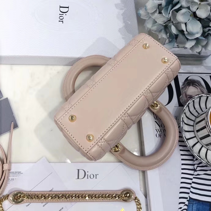 迪奥经典戴妃包三格 mini Lady Dior裸粉色进口顶级羊皮链条斜挎包17CM 金扣