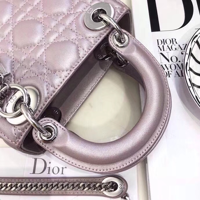 Dior经典女包 迪奥原单羊皮三格迷你戴妃包Lady Dior mini17CM 闪电粉银扣