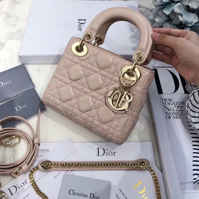 迪奥经典戴妃包三格 mini Lady Dior裸粉色进口顶级羊皮链条斜挎包17CM 金扣