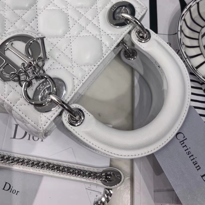 迪奥包包官网 Dior白色原单羊皮戴妃包三格mini Lady Dior17CM 银扣