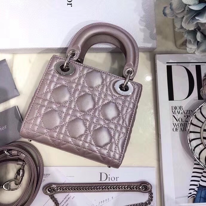 Dior经典女包 迪奥原单羊皮三格迷你戴妃包Lady Dior mini17CM 闪电粉银扣