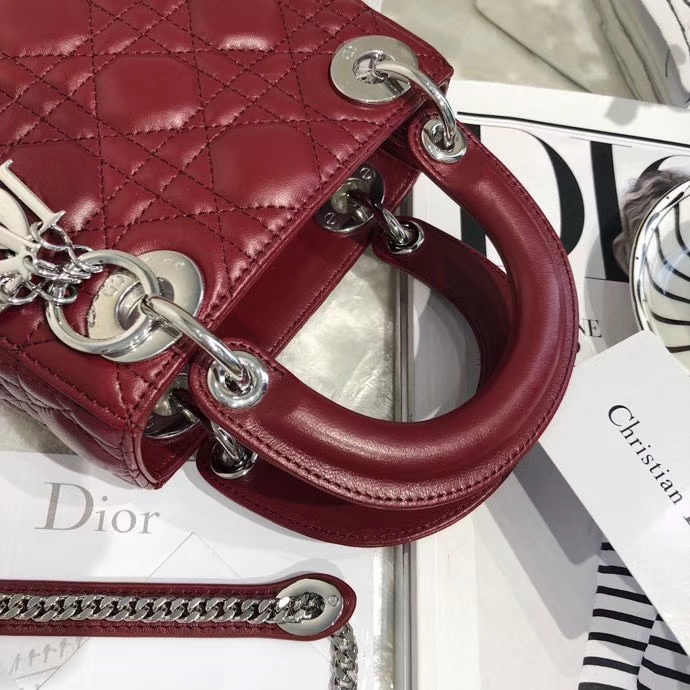 迪奥包包官网 Mini Lady Dior 顶级羊皮三格戴妃包经典款手提斜挎女包 酒红色银扣