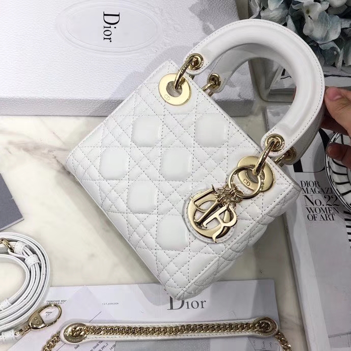 Dior戴妃包价格 迪奥顶级羊皮三格戴妃包Lady Dior mini17CM 白色金扣