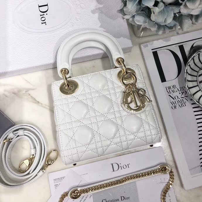 Dior戴妃包价格 迪奥顶级羊皮三格戴妃包Lady Dior mini17CM 白色金扣