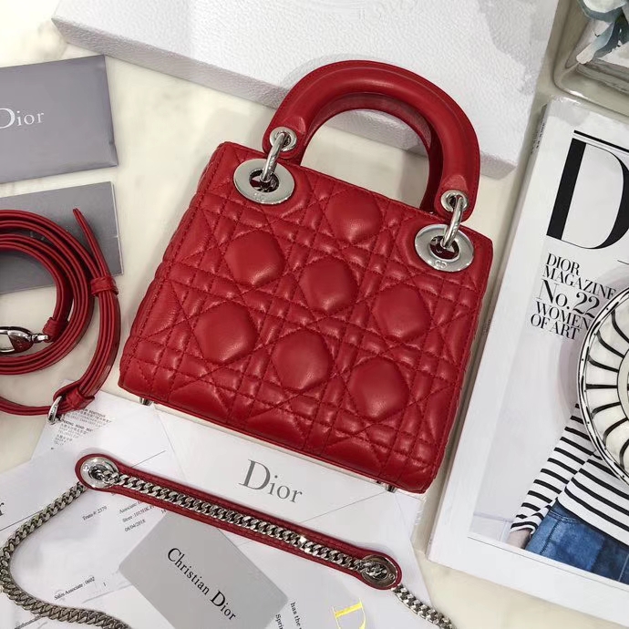 Dior包包批发 迪奥经典三格迷你戴妃包羊皮Lady Dior mini17CM 法国红银扣
